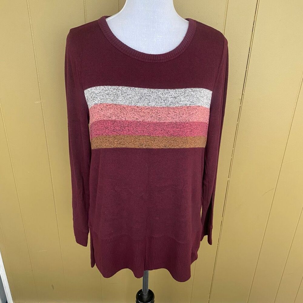 Sonoma women M crewneck longsleeve sweater burgundy w/multicolor stripes